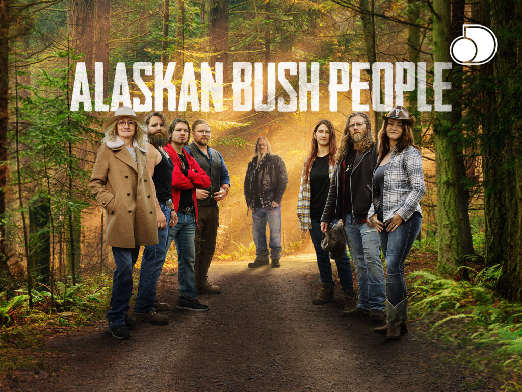 Title logo for the Discovery series Alaskan Bush People, with members of the Brown family below the title.