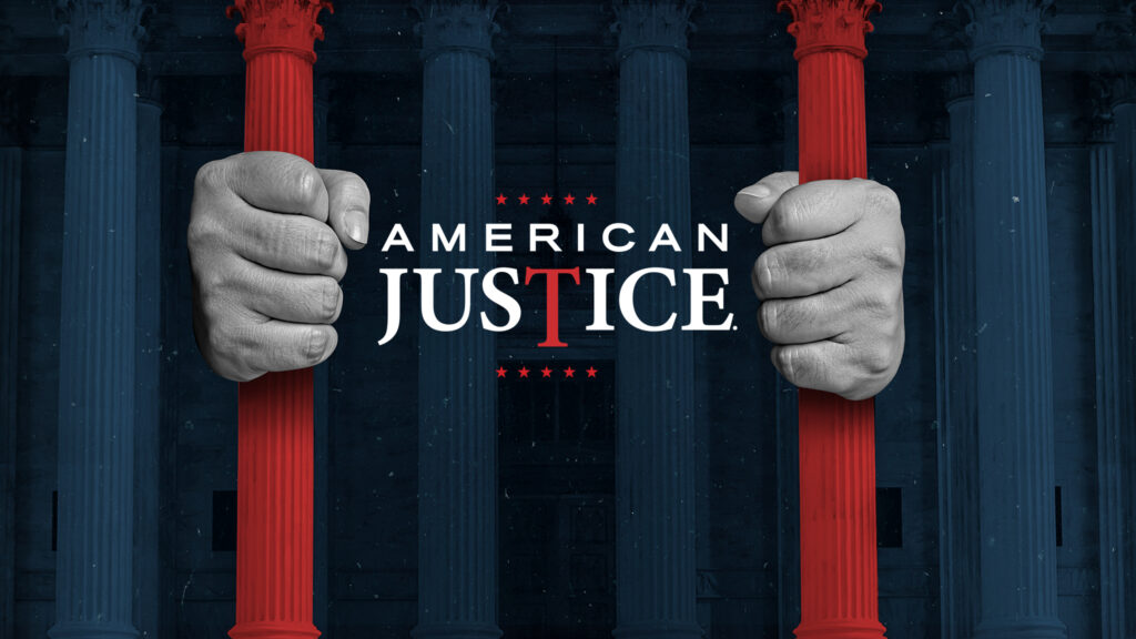 title logo for the A&E series American Justice. Two hands hold prison cell bars alongside the title.