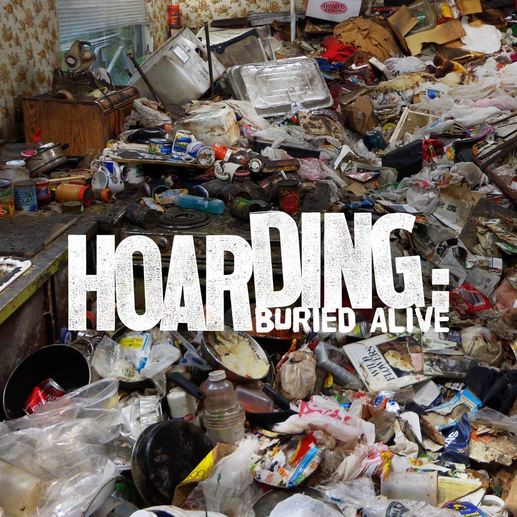 The title logo for the HBO series Hoarding: Buried Alive, with piles of clutter in the background.