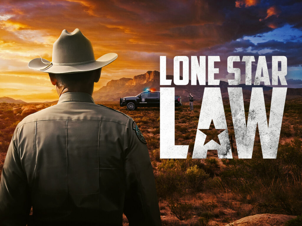 Title logo for the Animal Planet series Lone Star Law. Next to the title is a Texas game warden facing away, towards a mountain background.